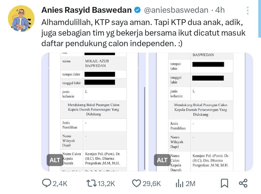 KTP Anak Anies Dicatut Dukung Cagub DKI Jakarta, Netizen: Lucu Banget Kalau KTP Bapak Juga Dipake